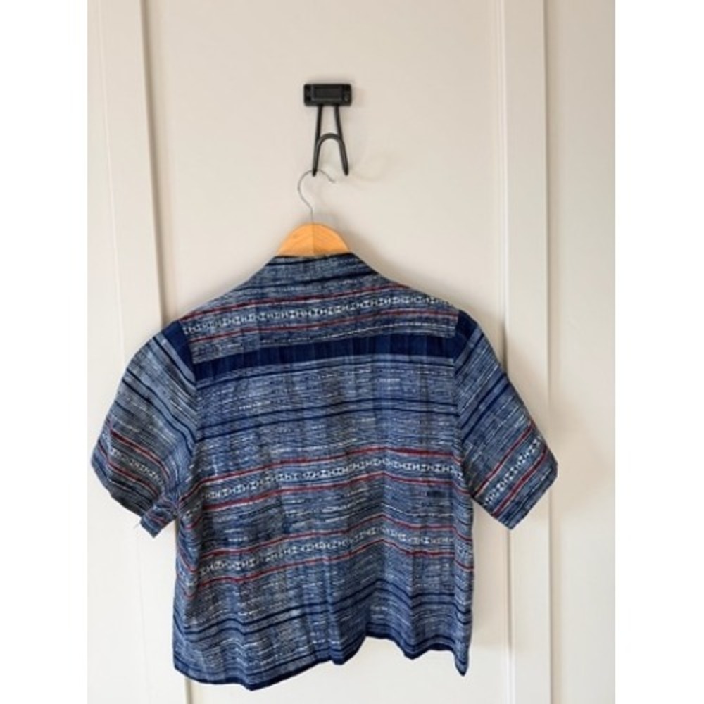 Indigo Cropped Blouse Silver Bell Button Mandarin Collar Boho Top Size Small - Picture 3 of 3